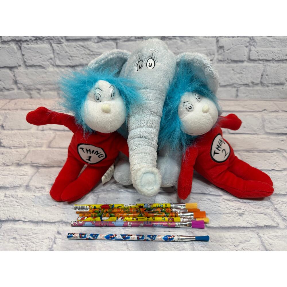 Dr. Seuss Plush LOT: Horton Thing 1 & 2 Bonus Erasers Elephant Cat in the Hat